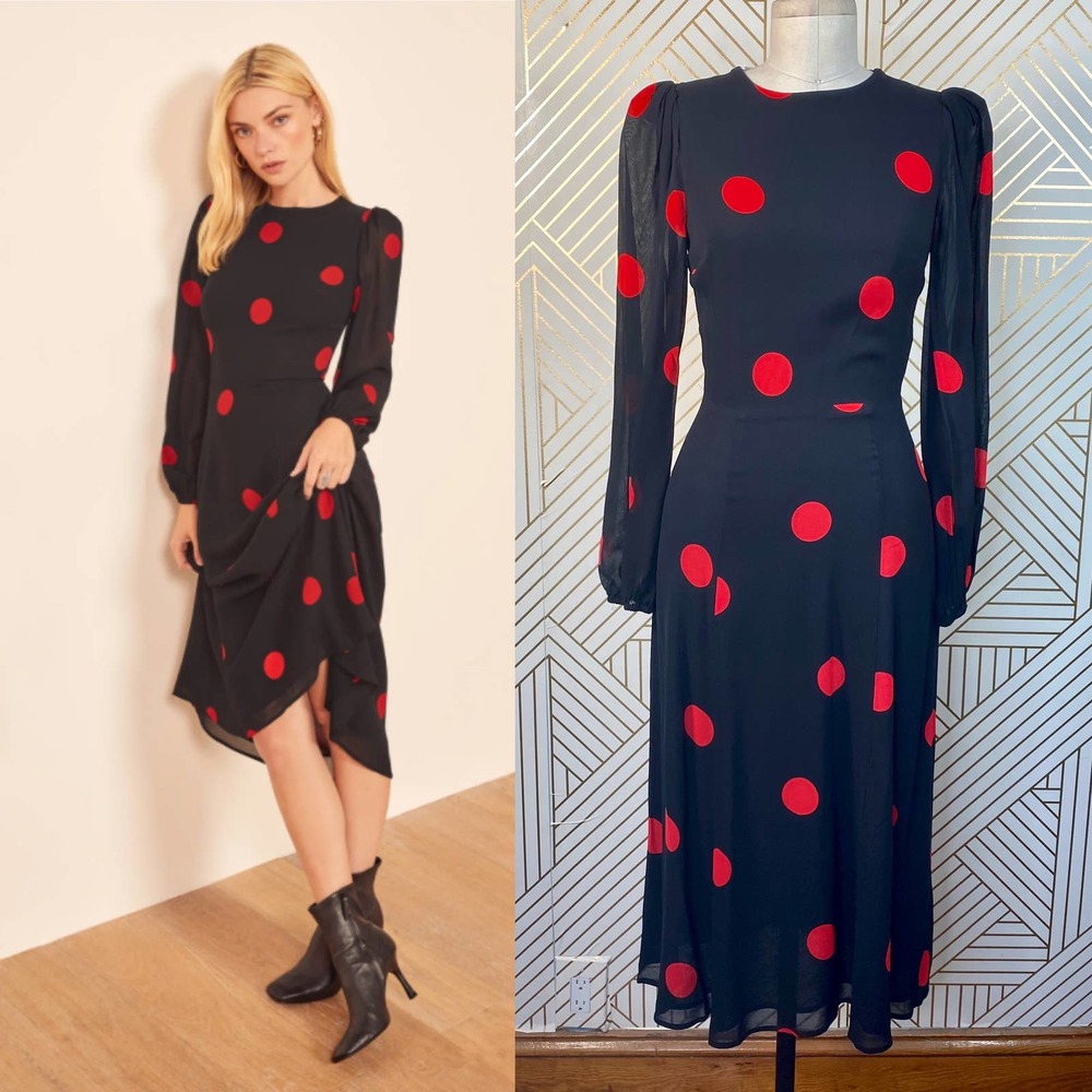 Reformation Luanne Dress Black Red Polka Dot